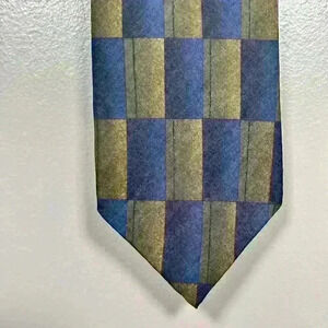 VTG 80s OSCAR DE LA RENTA 100% Silk Tie Blue Green Block Print 55" x 3.5"